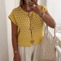Yellow hollow out short sleeve crochet cardigan with unique sun-shaped metal buttons - S / Yellow