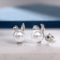 Cute silver rabbit ear pearl earrings for women with elegant marble background display - Rabbit Ear Pearl Earrings (Style 1)