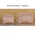 Rose pink ruched PU leather cosmetic pouch set in large and small sizes - Small + Big Set / Rose Pink