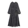 Retro black polka dot chiffon long dress with drawstring waist and pleated design - XS / Black