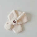 Close-up of cream white fleece scarf with brown bear embroidery and soft plush texture - One Size / Neck Warmer / White