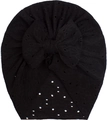 Detail of black mesh baby turban featuring a large bow and elegant white pearl accents - Black