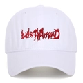 Detailed close-up of LOSTMYHEAD red embroidery on white cotton twill baseball cap - White