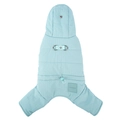 Quilted light blue dog winter coat with hood and integrated harness D-rings - S / Aqua Blue
