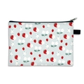Pink strawberry print cosmetic bag in light blue with floral pattern and black zipper - Light Blue Base Strawberry White Flowers (10)