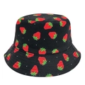 Reversible black cotton sun hat with all-over red strawberry print for summer outdoor use - M (56-58cm) / Black (16)