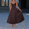 Elegant deep brown midi strap dress with a glossy satin finish and a flared umbrella hemline - S / Brown