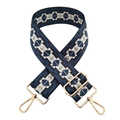 Detail of blue and white geometric jacquard bag strap with gold metal hooks and buckle - Dark Blue Rhombus