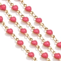 Golden stainless steel chain necklace with small pink enamel heart shaped charms - Vertical / Pink