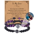 Custom photo projection bracelet set with heart magnetic clasp and natural stone beads - Purple Striped Agate & Matte Black Magnetic Set (Couple Bracelet-8)