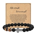 Handmade 8mm black matte bead bracelet with tiger eye stones and grey cross charm - Cross Charm 01 Matte Black Tiger Eye With Card