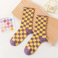 Mid-calf crew socks featuring classic purple and yellow checkerboard knit pattern - One Size / Purple & Yellow