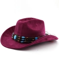 Detail of dark purple suede cowboy hat featuring bohemian beaded band with turquoise stone - M(56-58cm) / Burgundy
