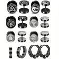 Black stainless steel earring set featuring Viking rune designs and gothic studs - Black Viking Totem Ear Clip Combination (36044)