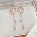 Detail of rose gold butterfly earring with pearl and pink teardrop gemstone - |19# 25282a