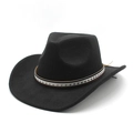 Detail of a black wool felt cowboy hat with a brown leather strap and silver star studs - M (56-58cm) / Black