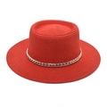 Detail of red boater straw hat featuring a stylish silver metal chain decoration - M(56-58cm) / Red