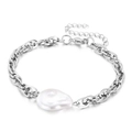 Silver stainless steel snake chain bracelet featuring a large baroque pearl pendant - Coarse Link Baroque Pearl (KB161951-Z) / Steel Color (Irregular Pearl)