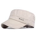 Beige cotton military flat top cap with side metal brand plate and decorative stitching - Adjustable / Beige
