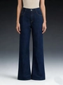 Detailed front view of high-waist wide-leg denim jeans with metal button and deep blue texture - S / Dark Blue