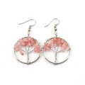 Handmade silver Tree of Life drop earrings featuring natural pink crystal stone chips - 3cm / Silver + Watermelon Red
