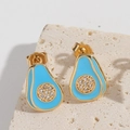 French vintage avocado stud earrings in gold with sky blue enamel and white zircons - Sky Blue