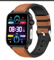 ET570 Smartwatch with black metal case and brown-black dual-color stitched leather strap - Black Case with Brown Strap