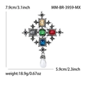 Baroque cross brooch in antique silver finish with colorful gems and teardrop pearl - Antique Silver-Multicolor