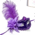 Elegant purple feather masquerade mask for women with sequins and silk flower detail - Purple