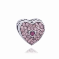 Silver heart bead charm with pink pavé crystals and magenta gemstone for DIY bracelets - Hollow Heart