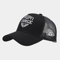 Detail of Force New York 1985 embroidery on black breathable mesh trucker cap - Black With White Letters (Spliced)