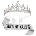 Silver Birthday Queen tiara with crystals and glitter sash set for party celebration - Silver AB Crystal (Queen)