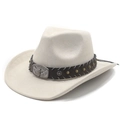 Detail of white suede cowboy hat with brown leather band and silver bull head buckle - M(56-58cm) / Beige Suede