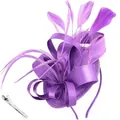 Detail of purple satin bow fascinator with soft feathers and stainless steel clip - Purple