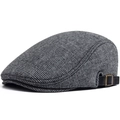 Klassische graue Karo-Schiebermütze aus Wolle mit Tweed-Textur und Lederriemen seitlich - Einstellbar (56-59cm) / Karo Grau