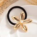Elegant black elastic ponytail holder with a gold-tone flower and white pearl detail - Gold - Pearl Flower
