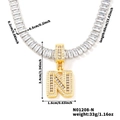Letter N pendant necklace in gold finish with iced out chain and technical dimensions - Letter N