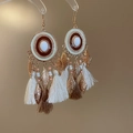 Detail of bohemian gold earrings with white and brown tassels and golden leaf charms - White (41# Ear Hook-Gold)