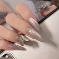 Silver glitter cat-eye press-on nails with 3D bow and rhinestone accents - Grey Purple Cat Eye Bow Style(JP948)