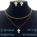 Golden steel cross and evil eye shell necklace earring set worn on a black bust - Cross Evil Eye Style (KS201214-HDJ)