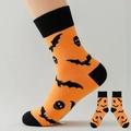 Halloween mid-calf socks with orange and black knit bat and skull patterns for unisex - One Size 37-46 / No.07 Orange Bat Skull