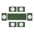 7-piece dark green woven PVC table runner and 6 placemats set with bamboo texture finish - Seaweed Green Vertical Pattern