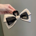 Elegant black and white leather bow hair claw clip with golden min letter accent - Letter Bow-Creamy White Hair Clip
