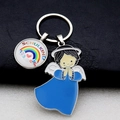 Detail of angel pendant and Schulkind rainbow glass charm on high-quality metal keychain - Blue