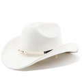 Detail of white suede cowboy hat featuring elegant faux pearl band and wide brim - M (56-58cm) / Cream