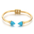 Golden stainless steel rivet bracelet featuring turquoise cone studs and spring hinge - Blue Turquoise Cone Stud / Blue (KB170149-MS)