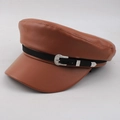 Brown PU leather newsboy cap with black strap and engraved silver buckle detail - One Size 58cm / Coffee Leather Strap