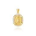 Detailed macro of oval gold pendant with Guadalupe Virgin icon and zircon stones - ZYN-DMK689G-Oval Virgin Mary