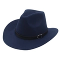 Close-up of navy blue felt cowboy hat featuring a black leather band and silver buckle - M (56-58cm) / Navy Blue Cowboy (Black Belt)