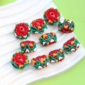 Hand-painted Indian style red beads with green grid and yellow heart patterns for DIY - Christmas